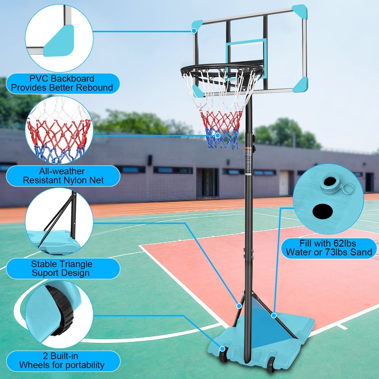 Kids Basketball Hoop Adjustable 5.6-7ft with Wheels