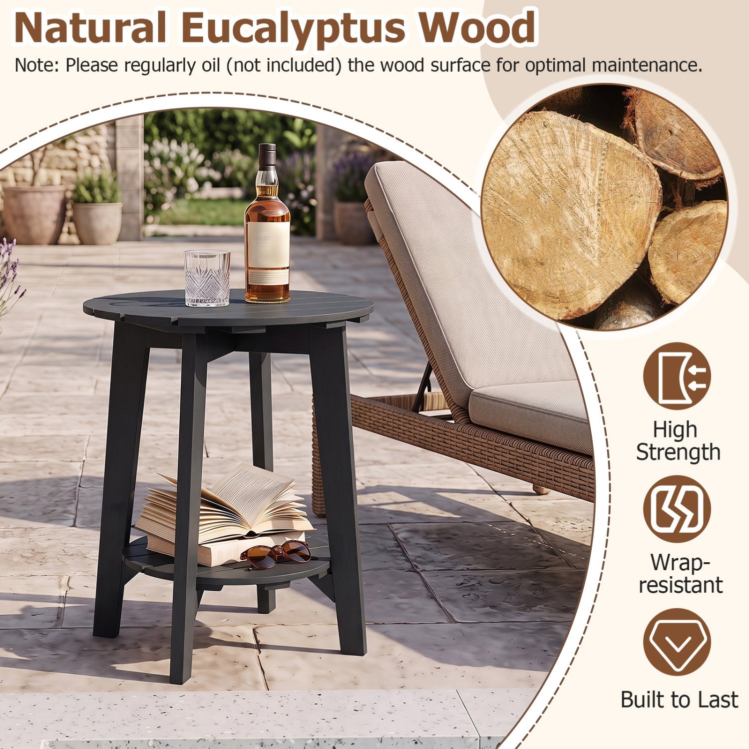 Eucalyptus Wood Outdoor Side Table with Storage Shelf