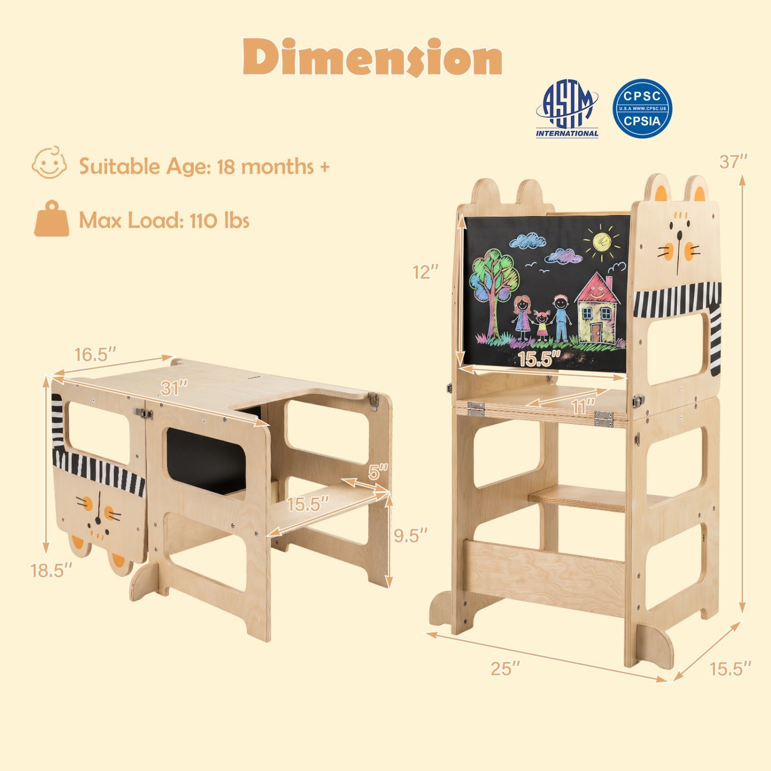 3-in-1 Wooden Kids Step Stool with Chalkboard