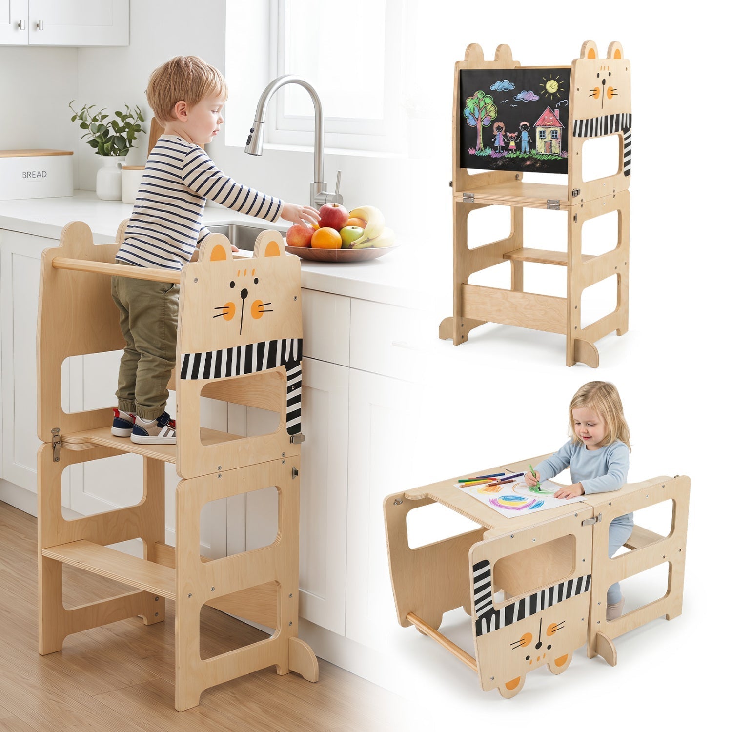 3-in-1 Wooden Kids Step Stool with Chalkboard