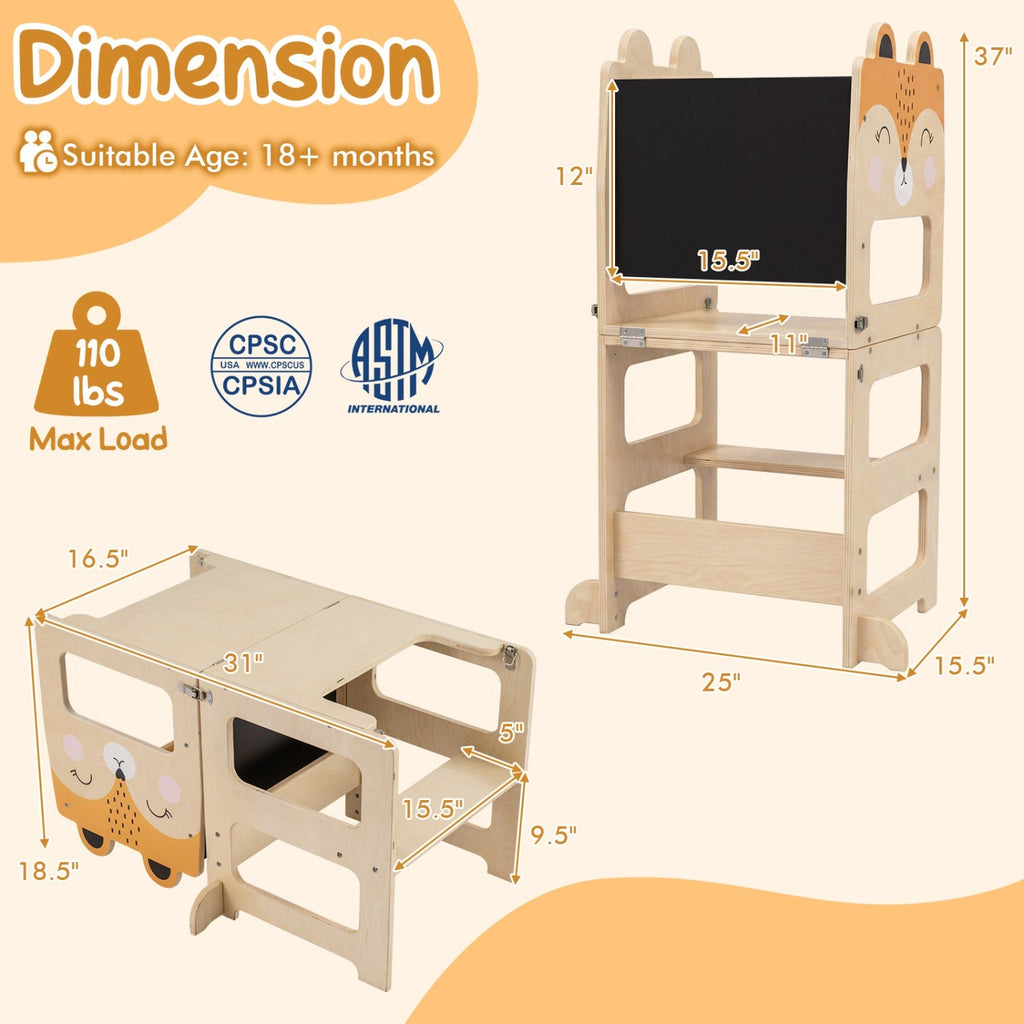 3-in-1 Wooden Kids Step Stool with Chalkboard