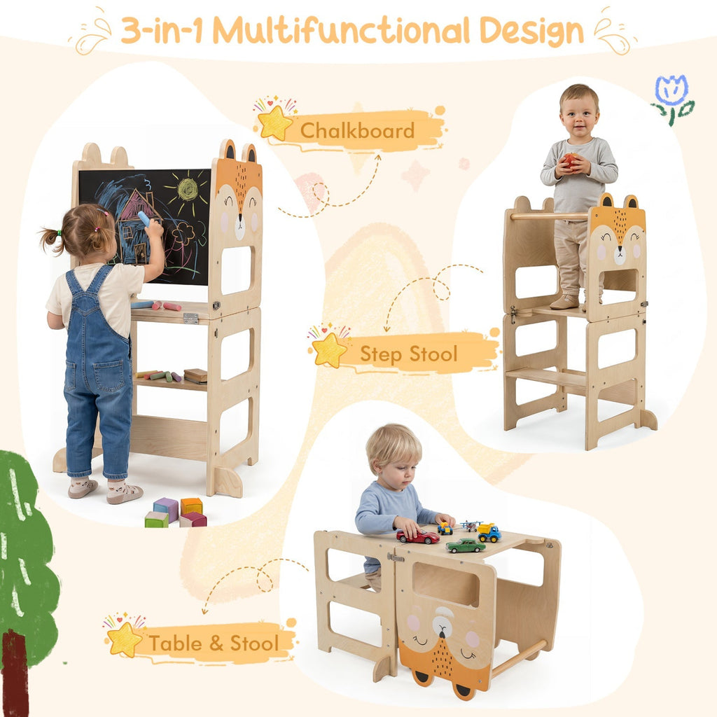 3-in-1 Wooden Kids Step Stool with Chalkboard