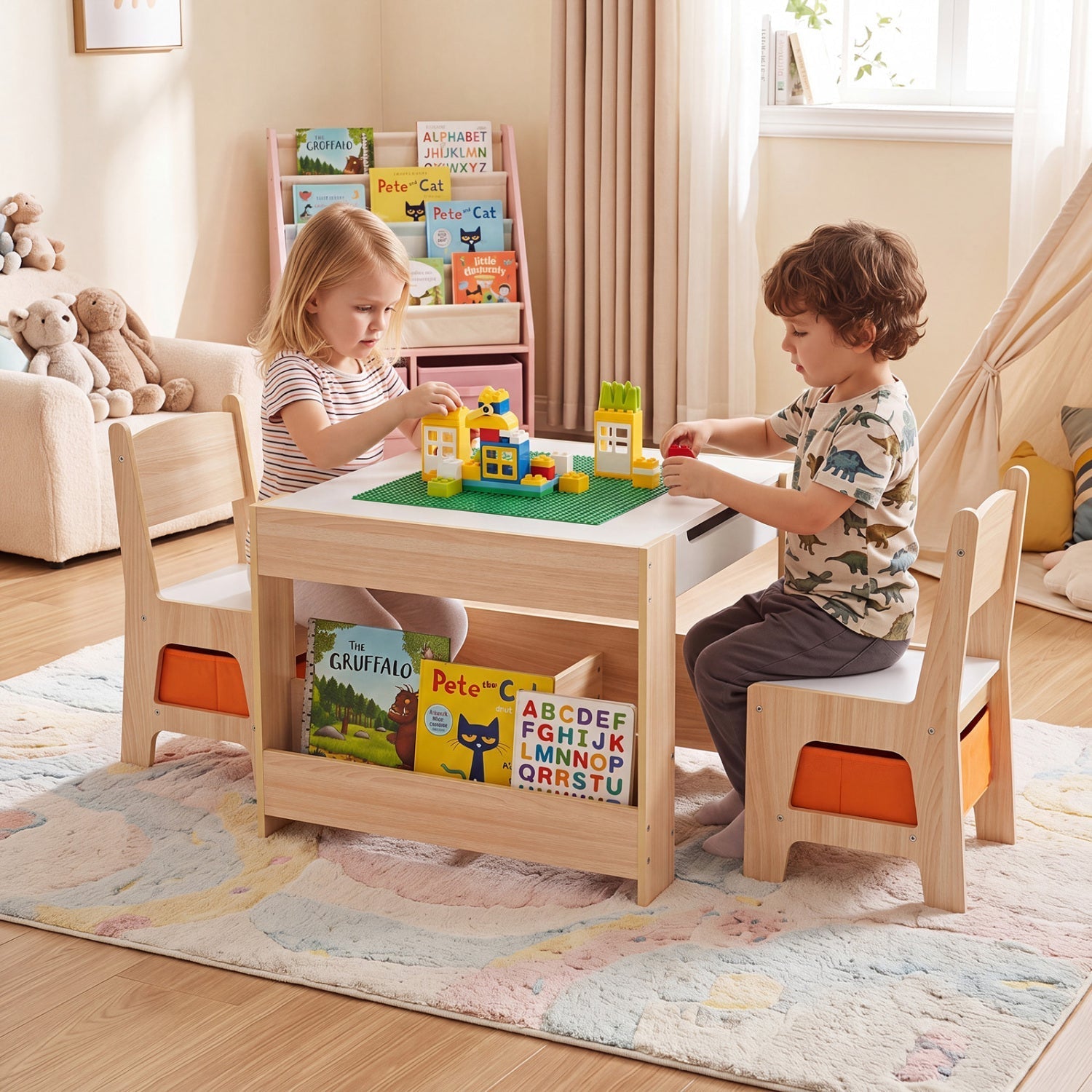Kids Table and Chair Set with Building Blocks & Storage