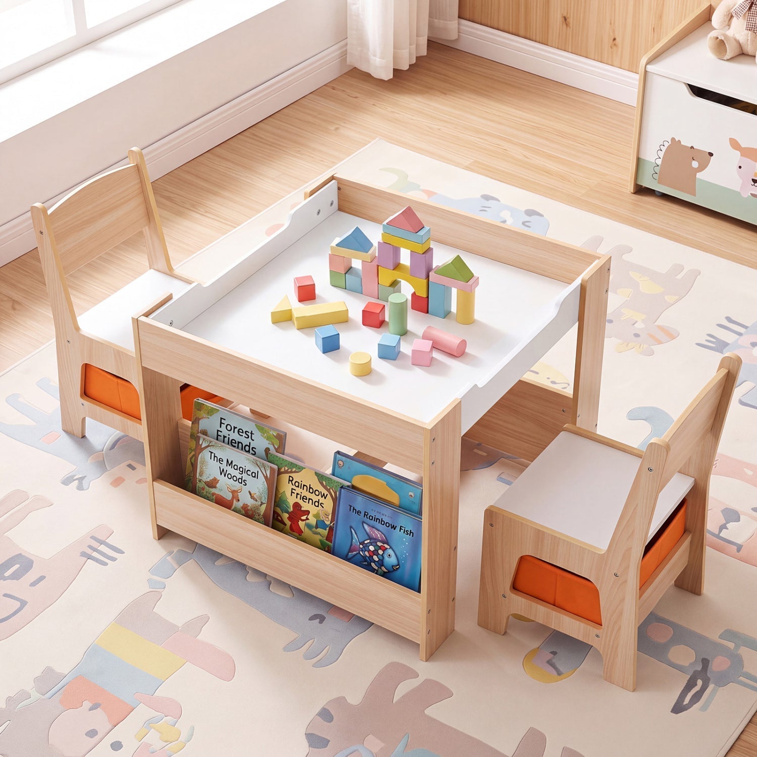 Kids Table and Chair Set with Building Blocks & Storage