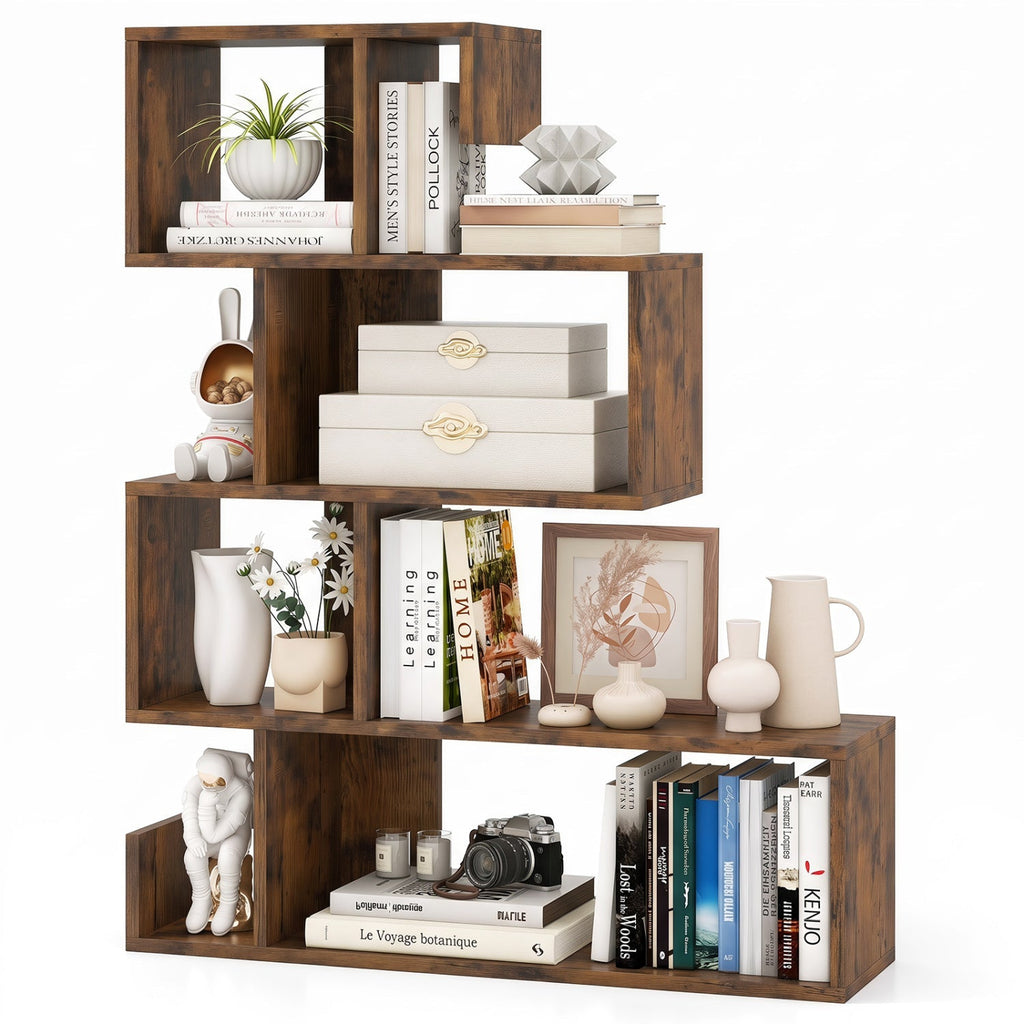 5-Tier S-Shaped Bookshelf with Open Cubes - Rustic Brown