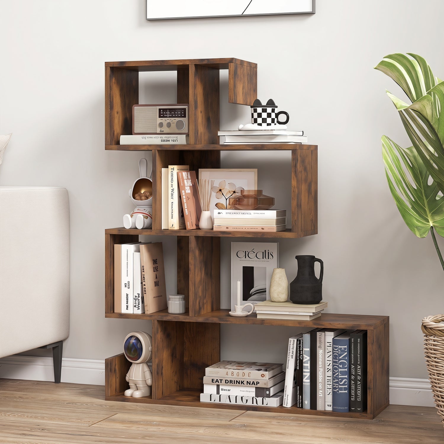 5-Tier S-Shaped Bookshelf with Open Cubes - Rustic Brown