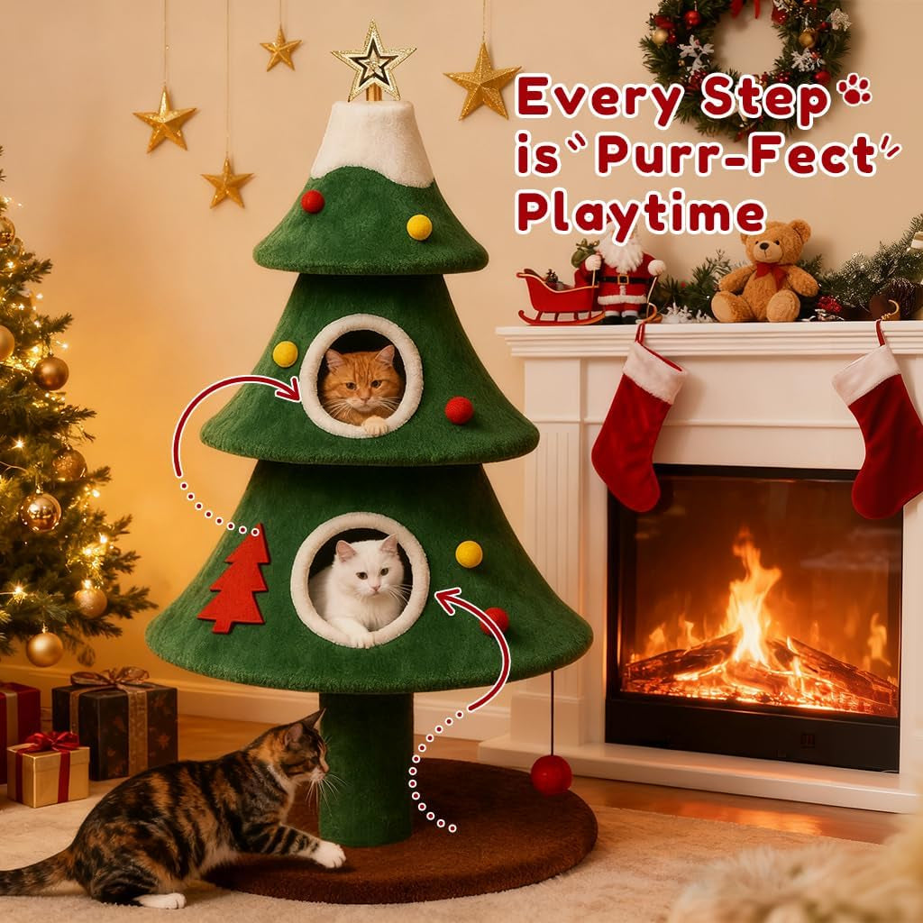 Christmas Cat Tree Tower with Houses – 48 & 52 Inch