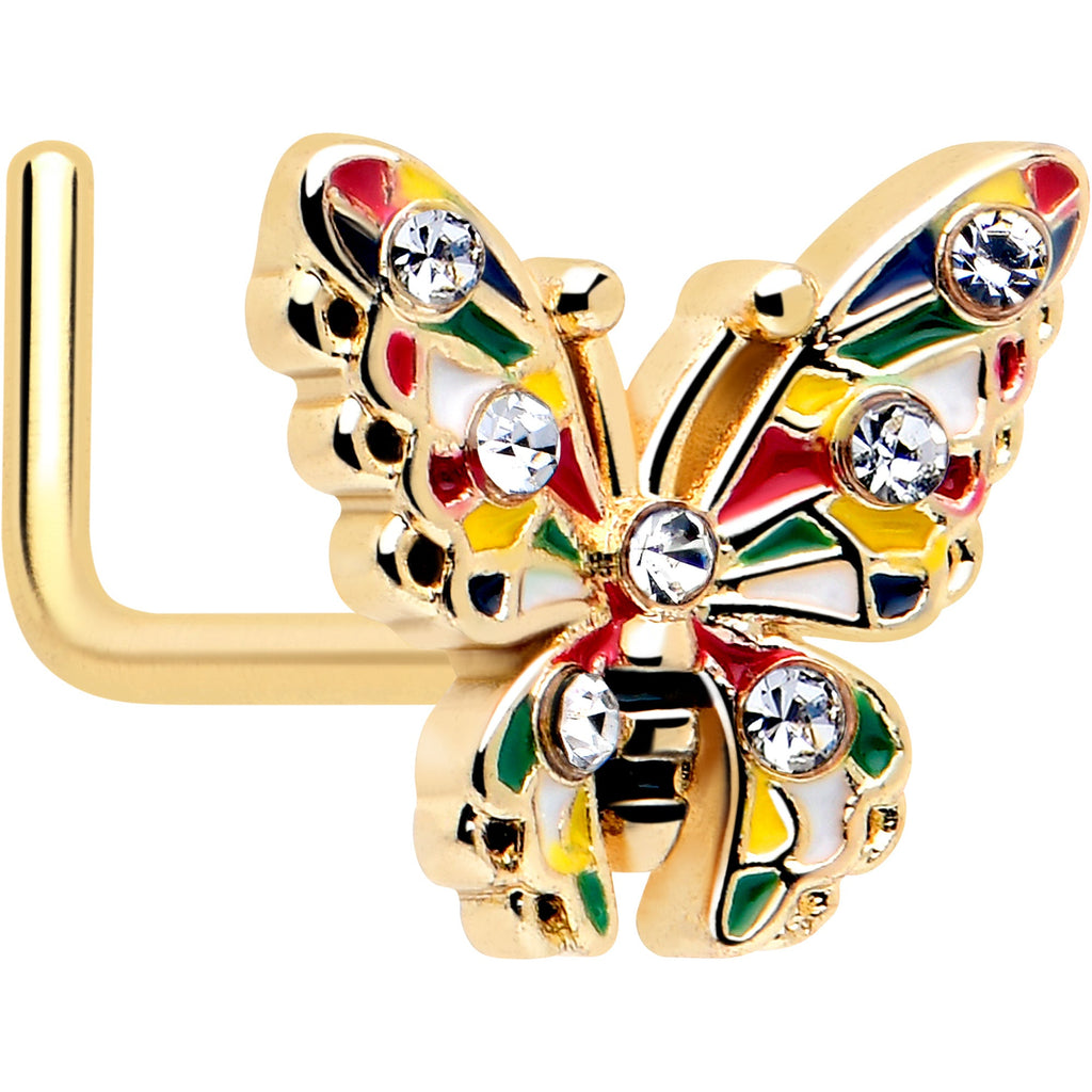 20G 7mm Clear Gem Gold Tone Color Block Butterfly L Shape Nose Ring