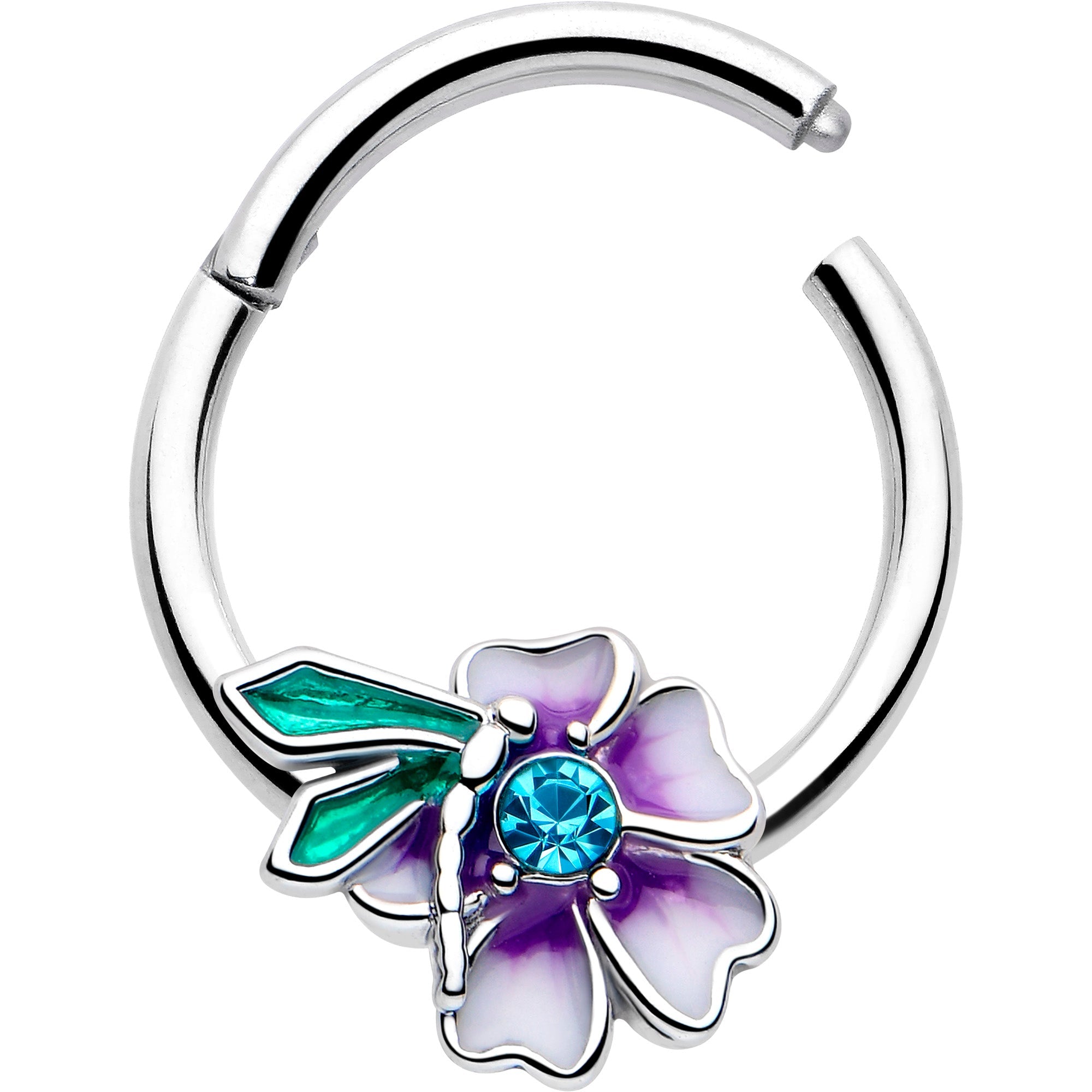16G 3/8 Blue Gem Faerie Flower Purple Hinged Segment Ring