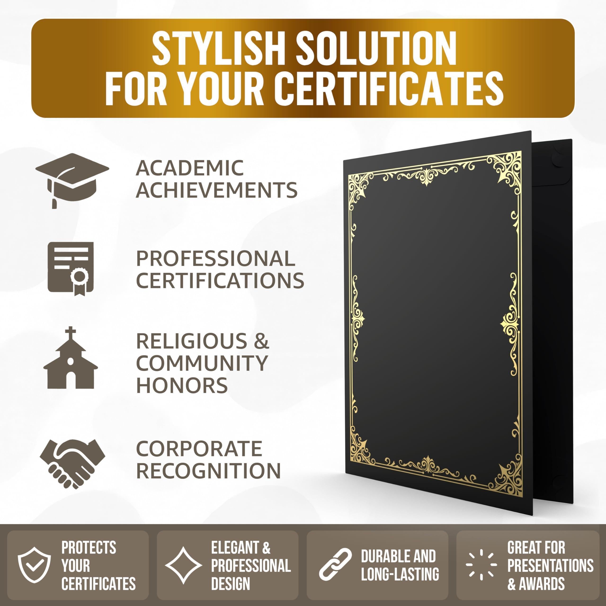 50 Pack Premium Black Certificate Holders 8.5 x 11 inch Heavyweight 300gsm Cardstock Diploma Holder & Certificate Folder Award Certificate Folders for Graduation with Gold Foil Diploma Cover