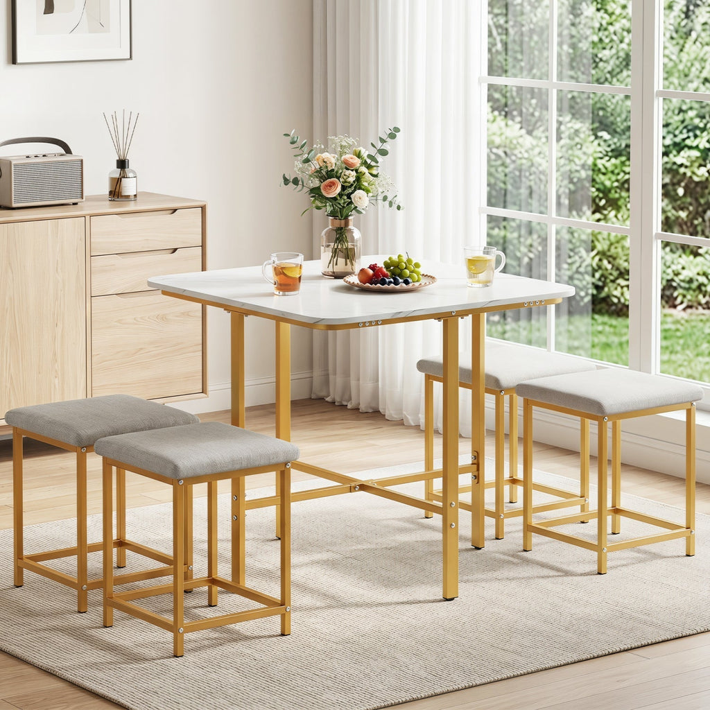 5-Piece Dining Table Set with 4 Upholstered Stools