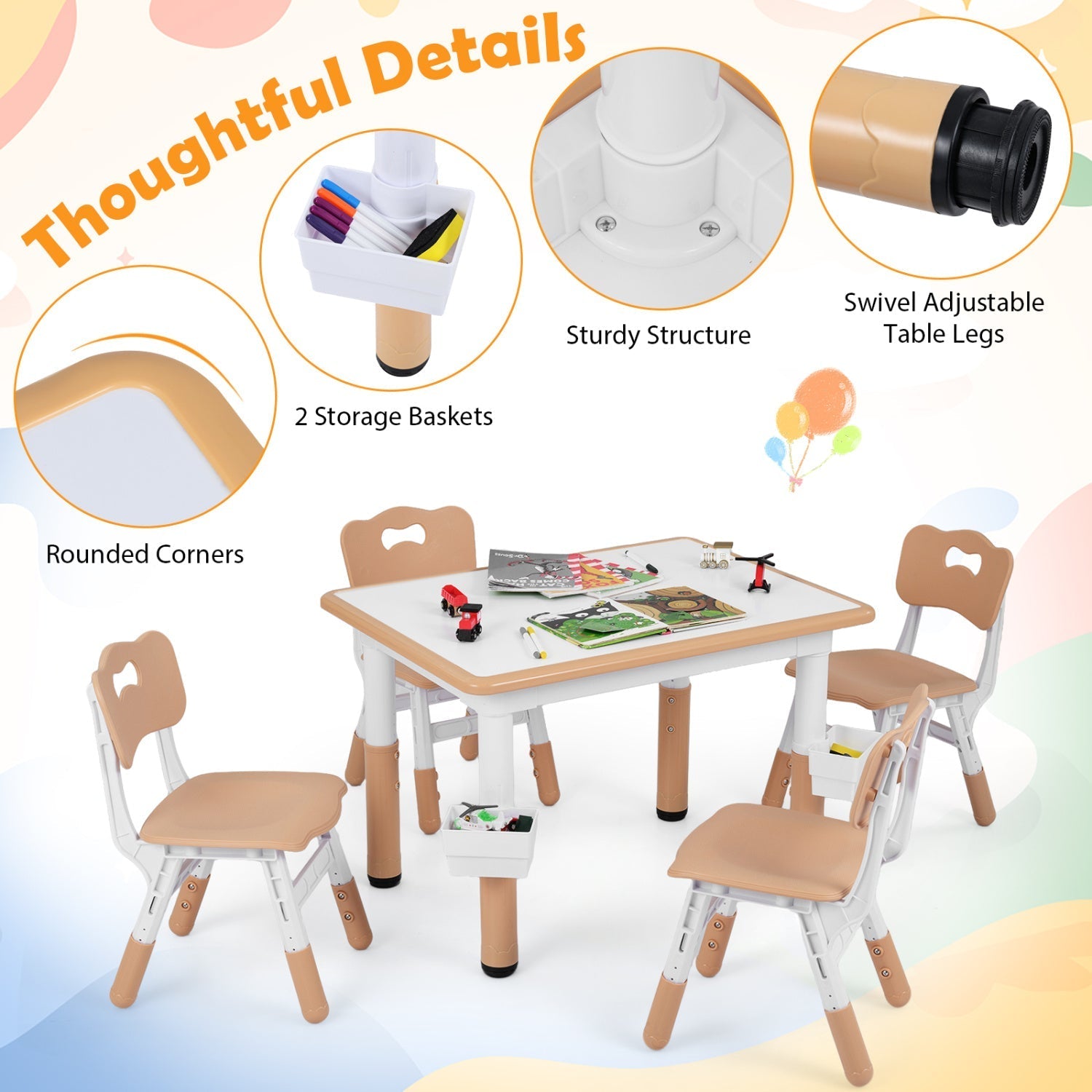 Kids Table and 4 Chairs Set with Adjustable Height
