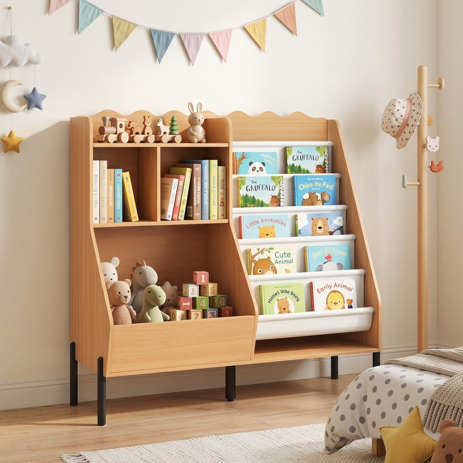Kids Bookshelf and Toy Storage Organizer with 5 Fabric Pockets