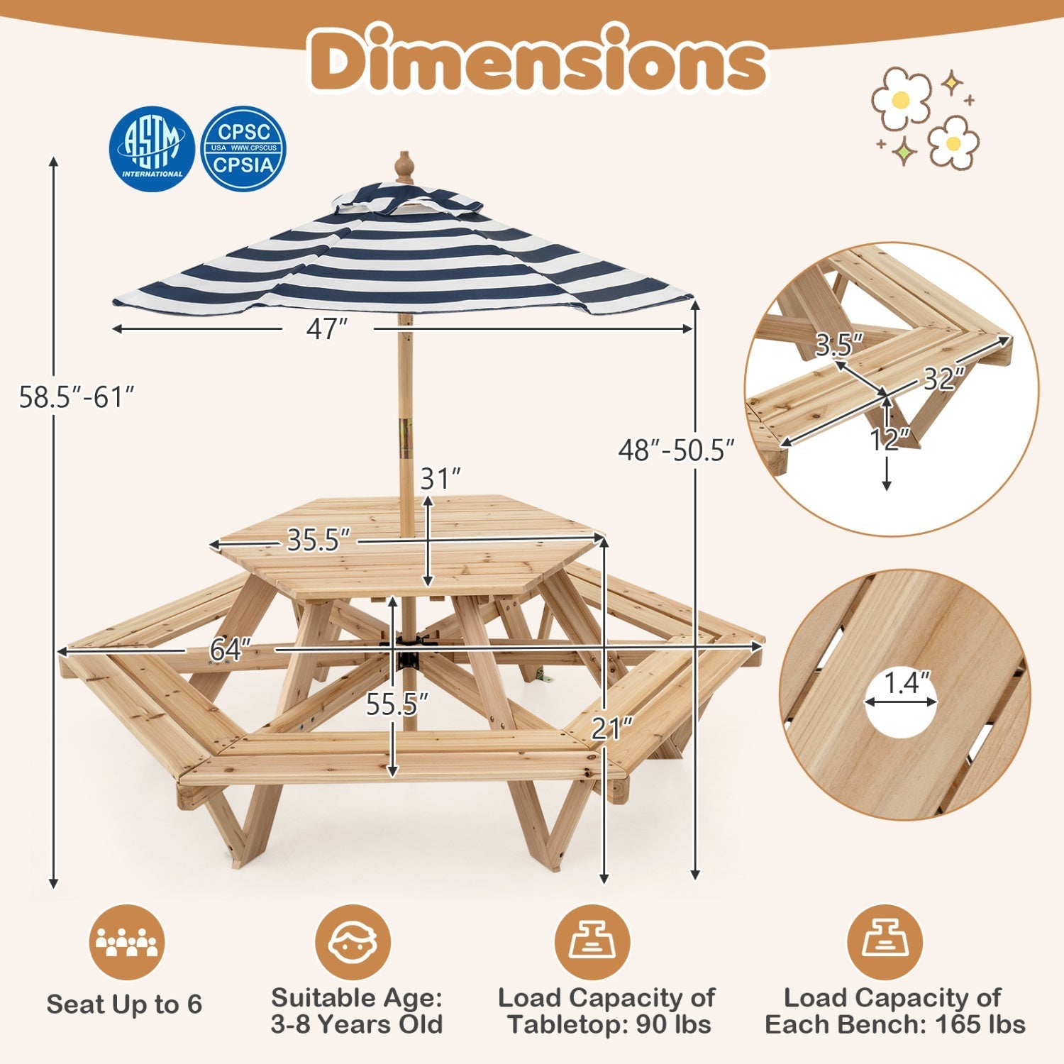 Kids Hexagonal Picnic Table with Umbrella and 6 Benches