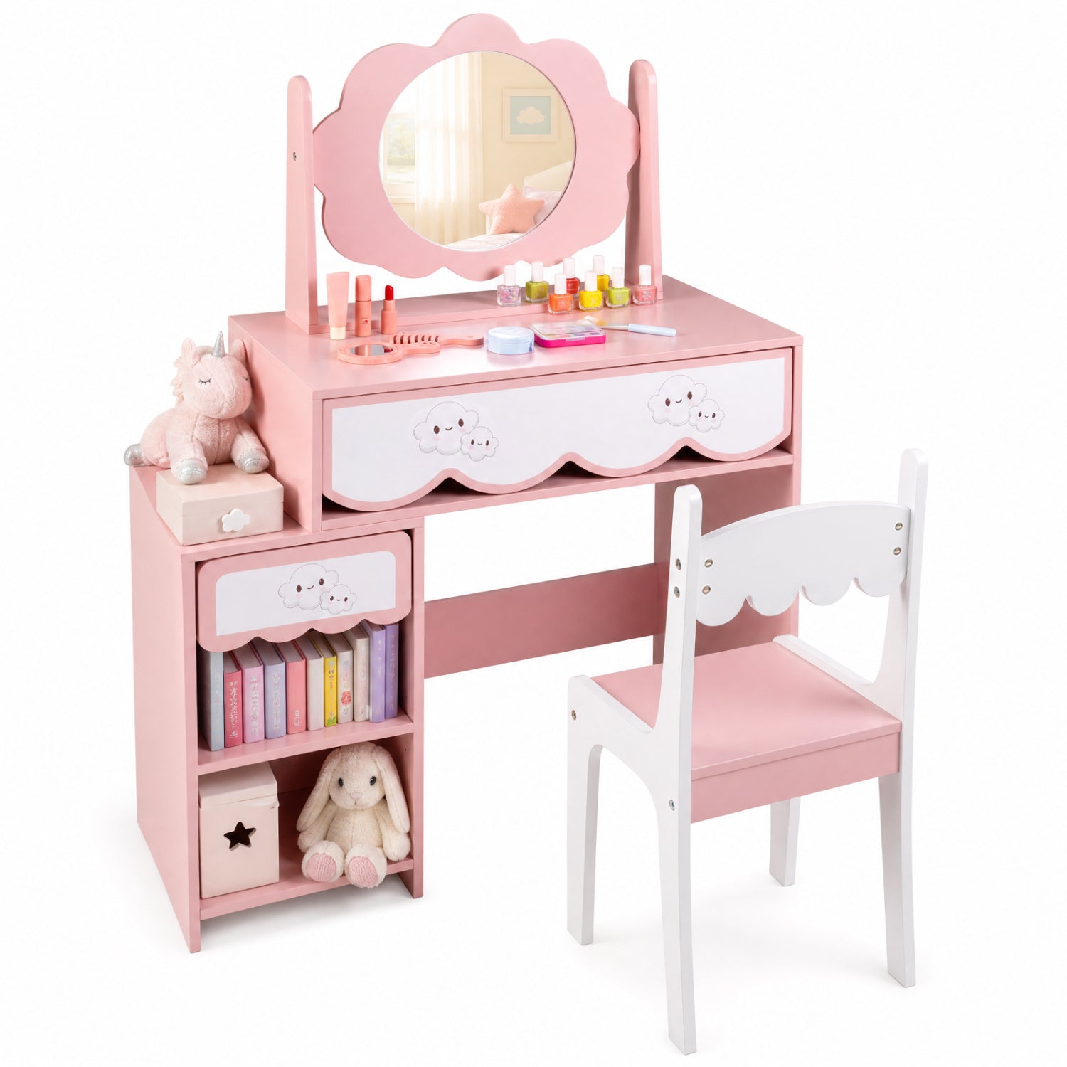 Kids Vanity Set with Rotating Mirror and Chair - Pink