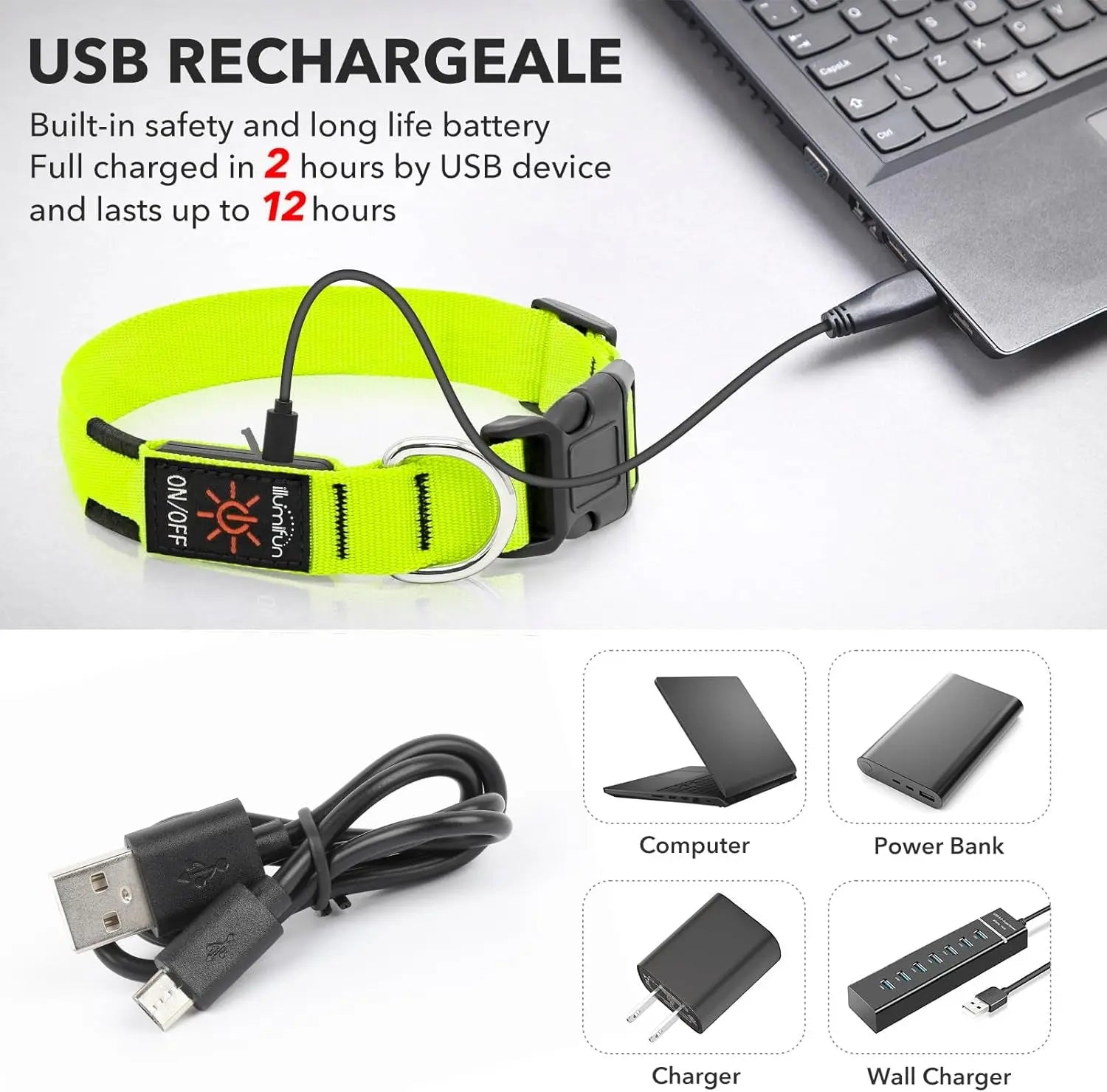 LED Dog Collar Rechargeable Light-Up Safety Collar for Night Walking (colors)
