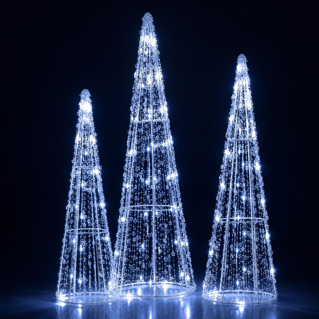 Pre-Lit Christmas Cone Trees Set of 3 with Cold White Lights