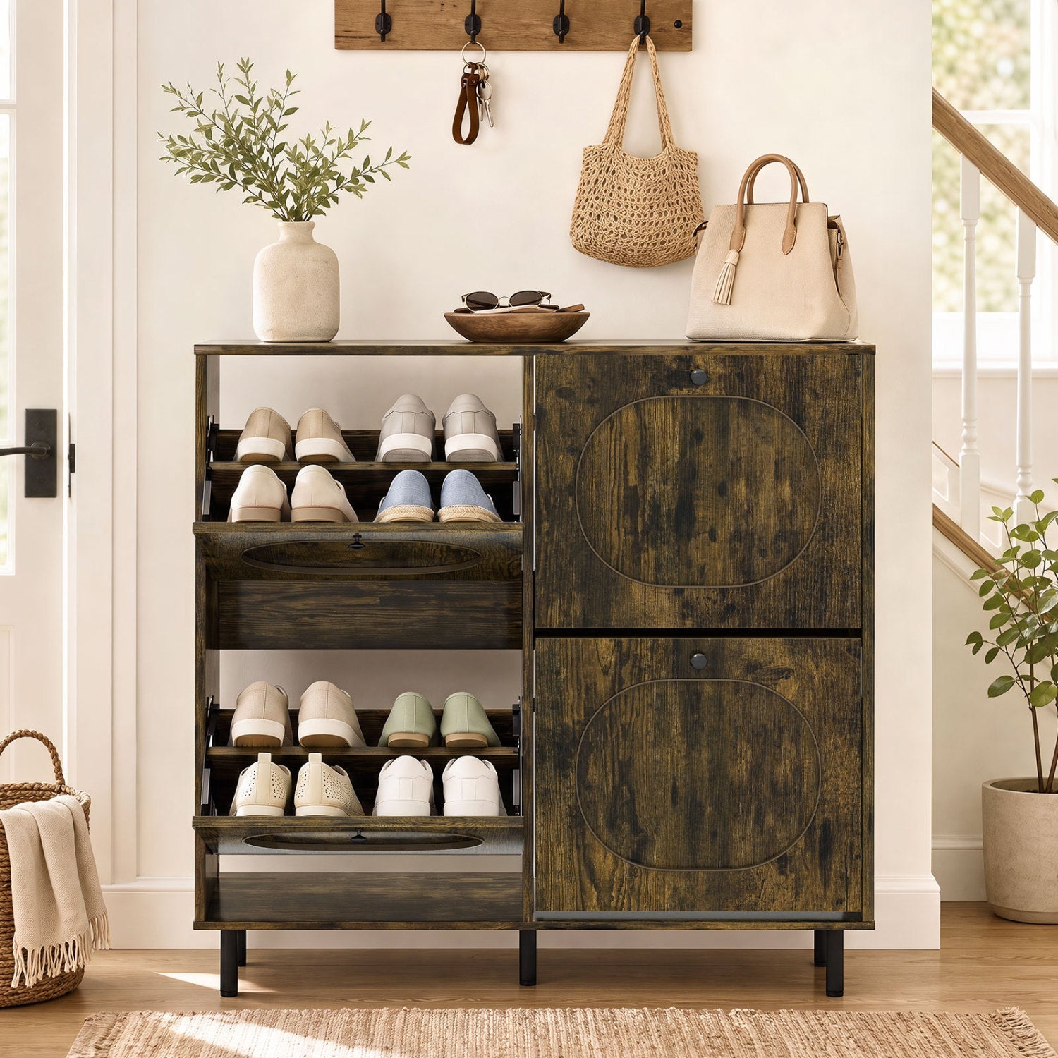 Shoe Storage Cabinet with 4 Flip Drawers - Rustic Brown