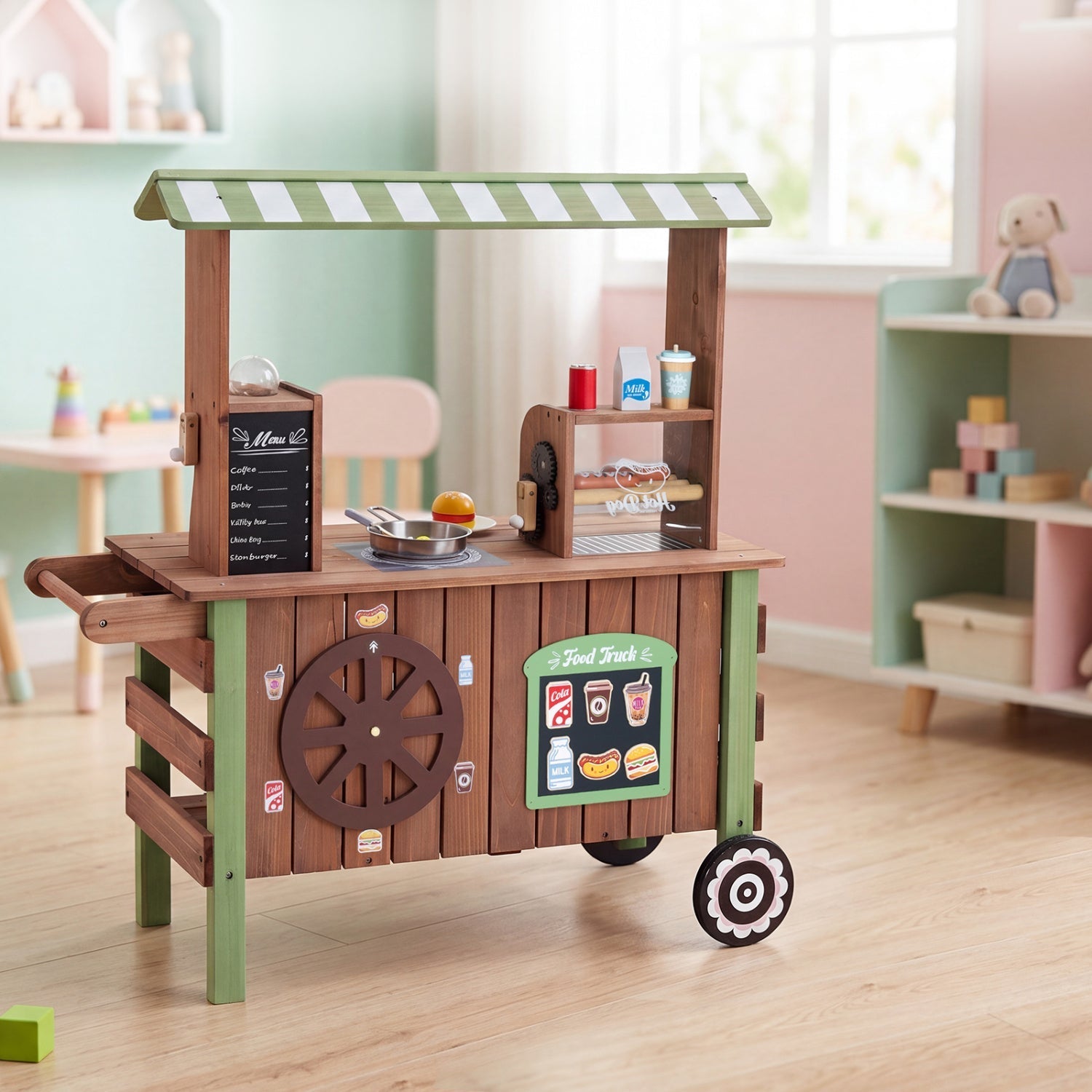 Wooden Grocery Store Playset with Wheels for Kids