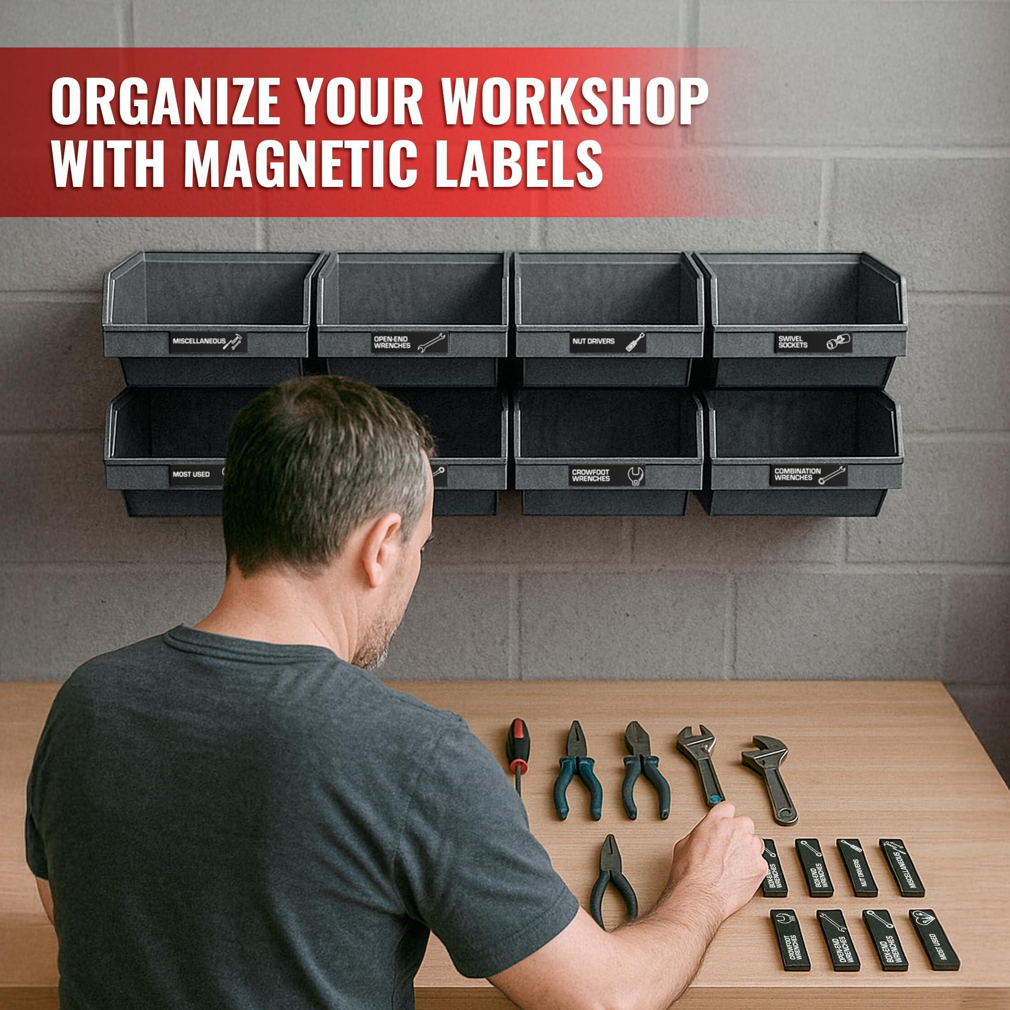 90 Pcs Magnetic Tool Box Labels 35x1 inch Magnetic Toolbox Labels for Tool Box Dwawers Strong Magnet Toolbox Organizer Chest Black Pre Printed & Blanked Emblems for Organization