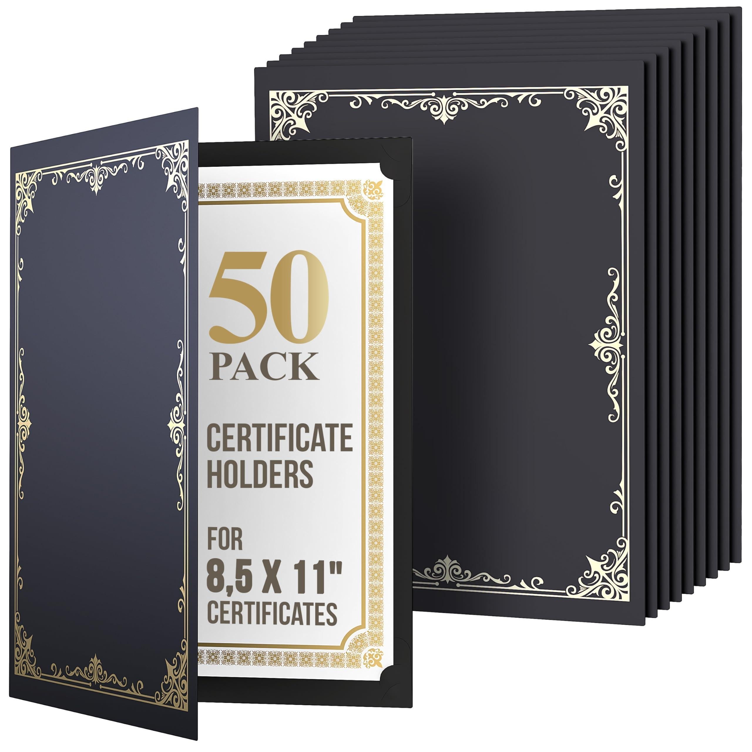 50 Pack Premium Black Certificate Holders 8.5 x 11 inch Heavyweight 300gsm Cardstock Diploma Holder & Certificate Folder Award Certificate Folders for Graduation with Gold Foil Diploma Cover