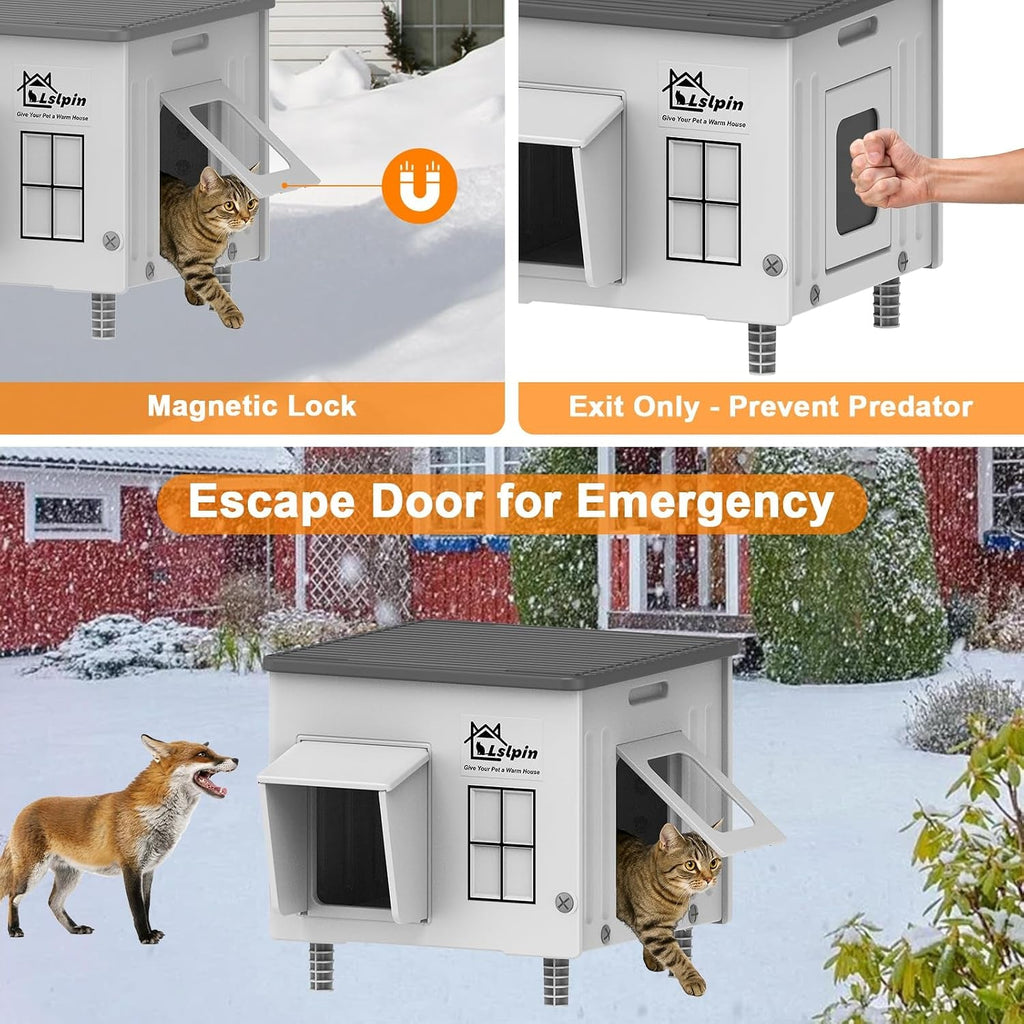 Heated Outdoor Cat House Insulated Elevated Escape Door 2 Sizes
