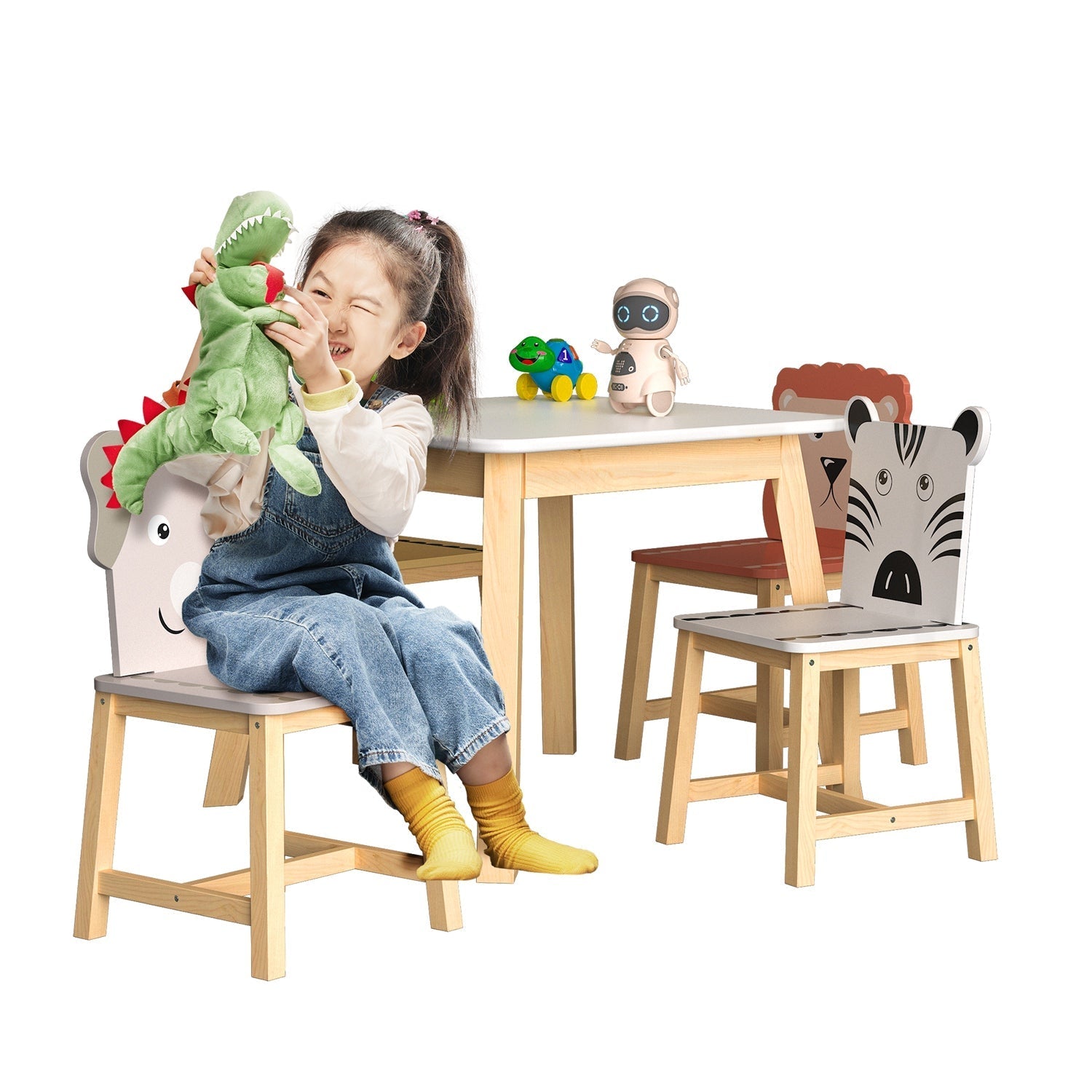Kids Table and Chair Set, 5-Piece with Animal Designs