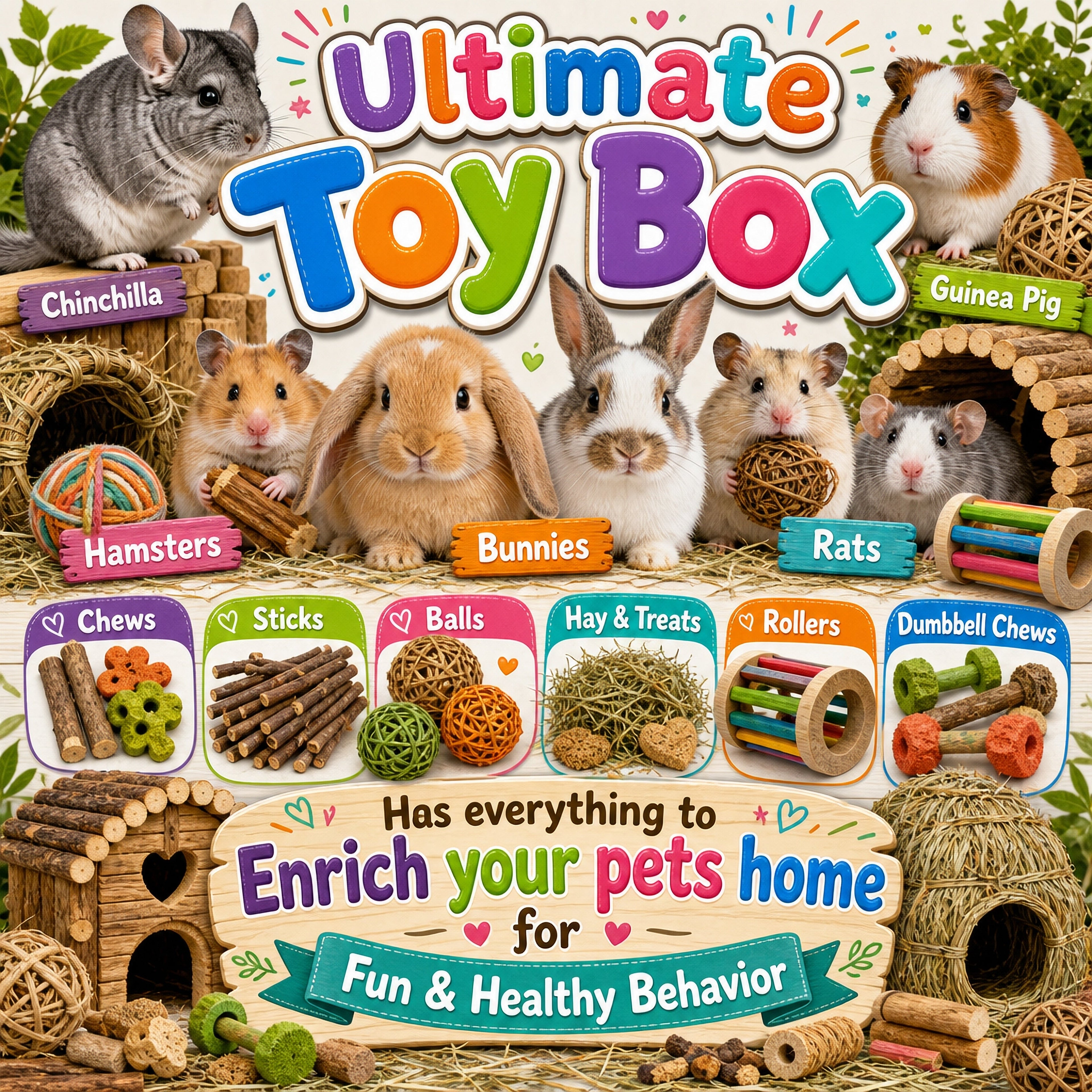 Ultimate Toy Box for Your Chinchilla, Rabbit, Guinea Pig or Rat & More Color or Natural