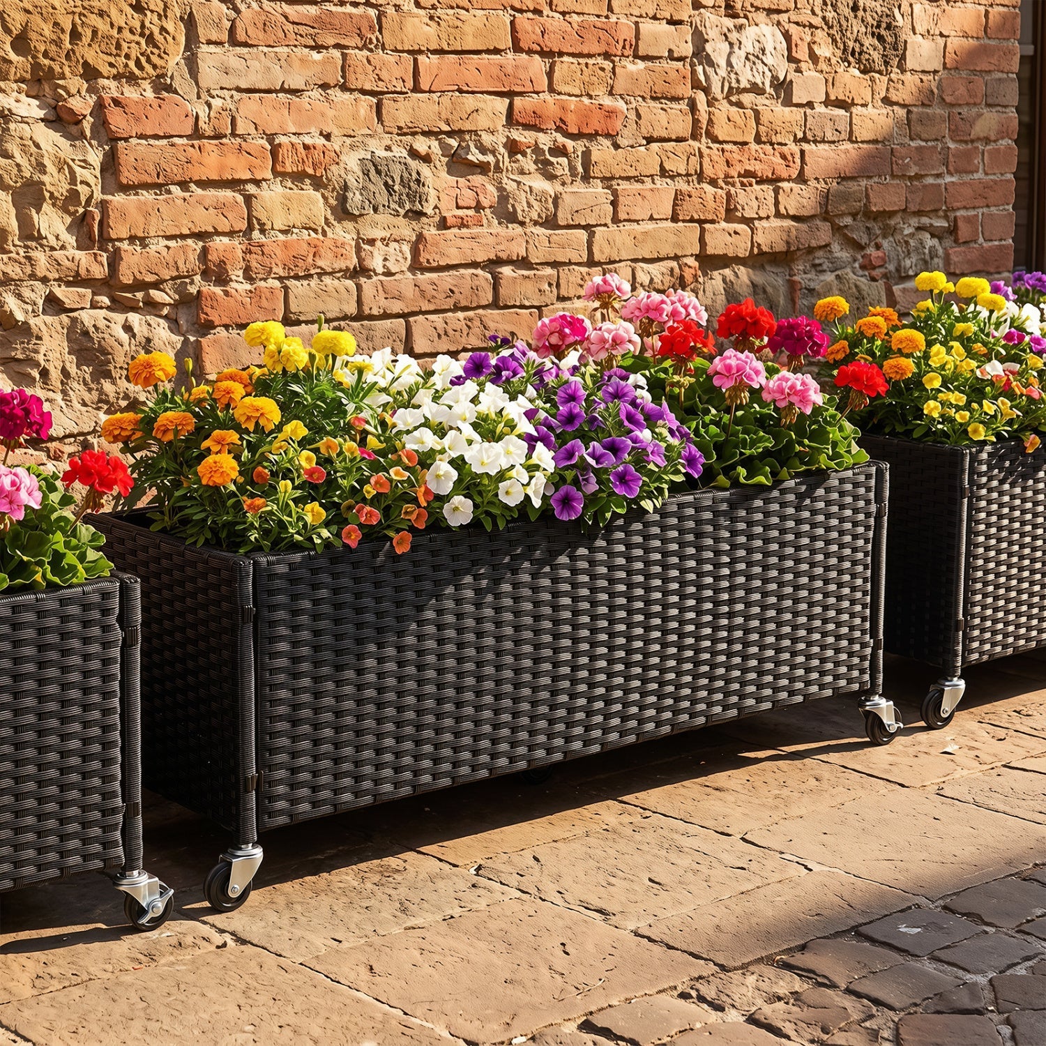 Raised Garden Bed with Wheels - PE Rattan Planter Box