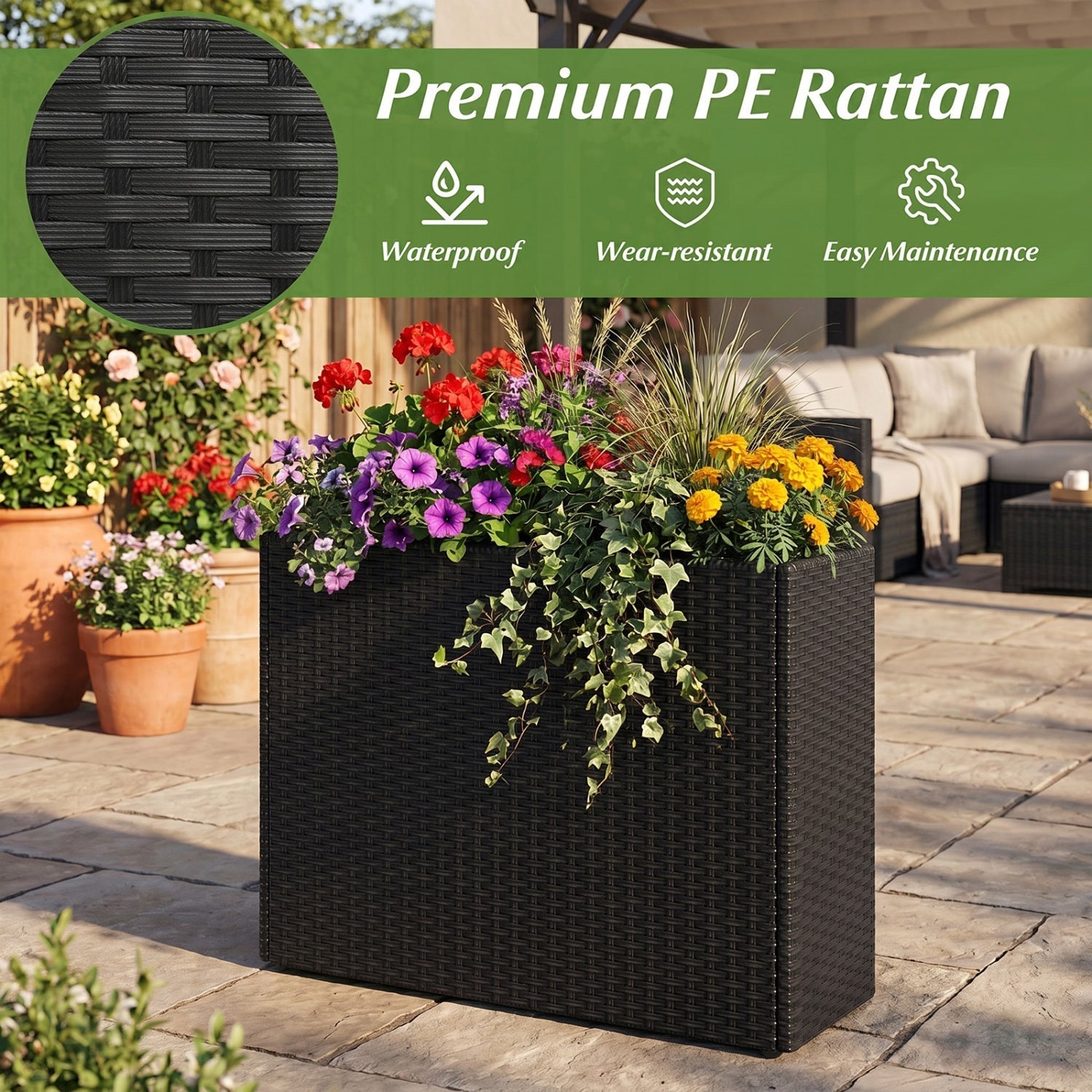 Raised Garden Bed Set of 2 with PE Rattan Wicker & Liner