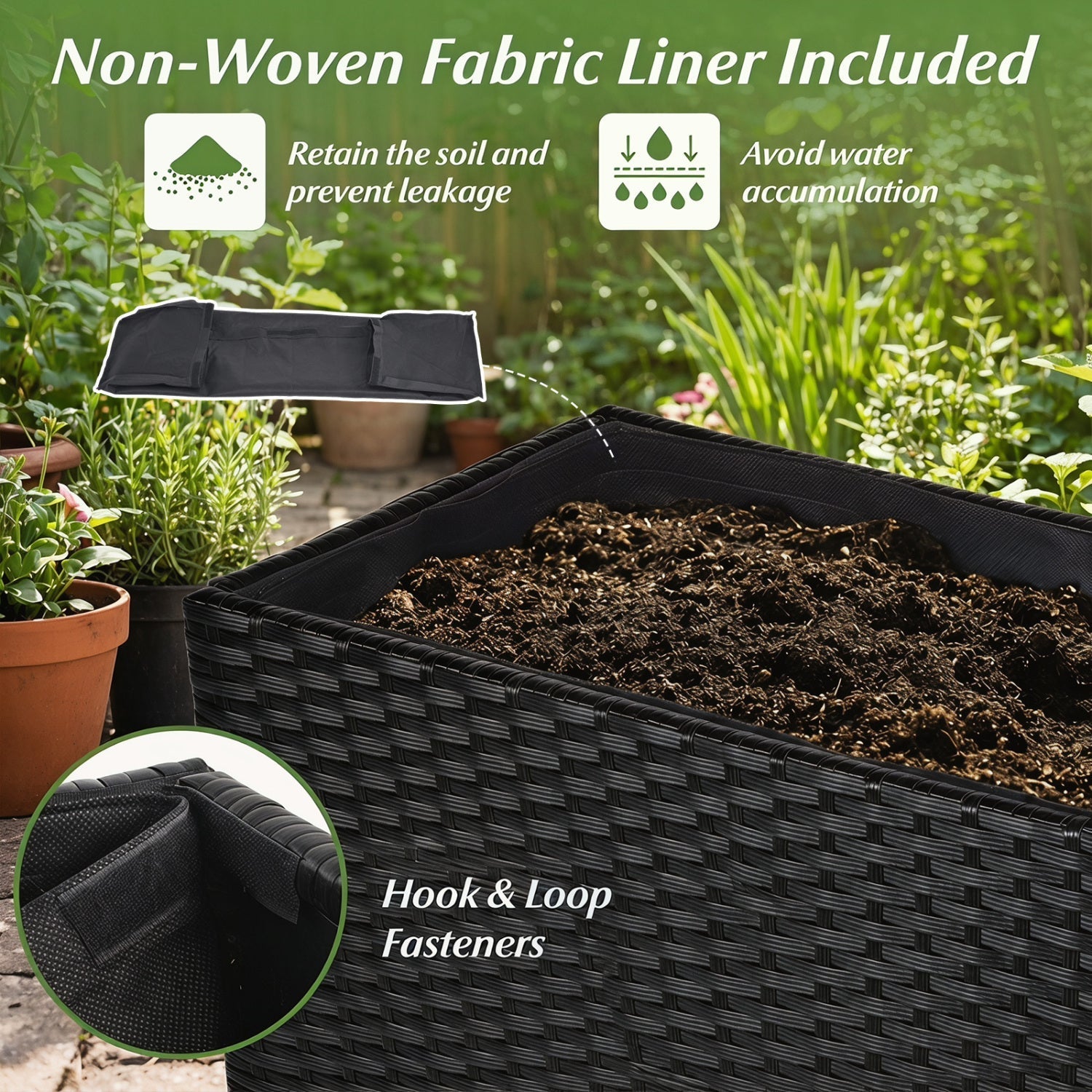 Raised Garden Bed Set of 2 with PE Rattan Wicker & Liner